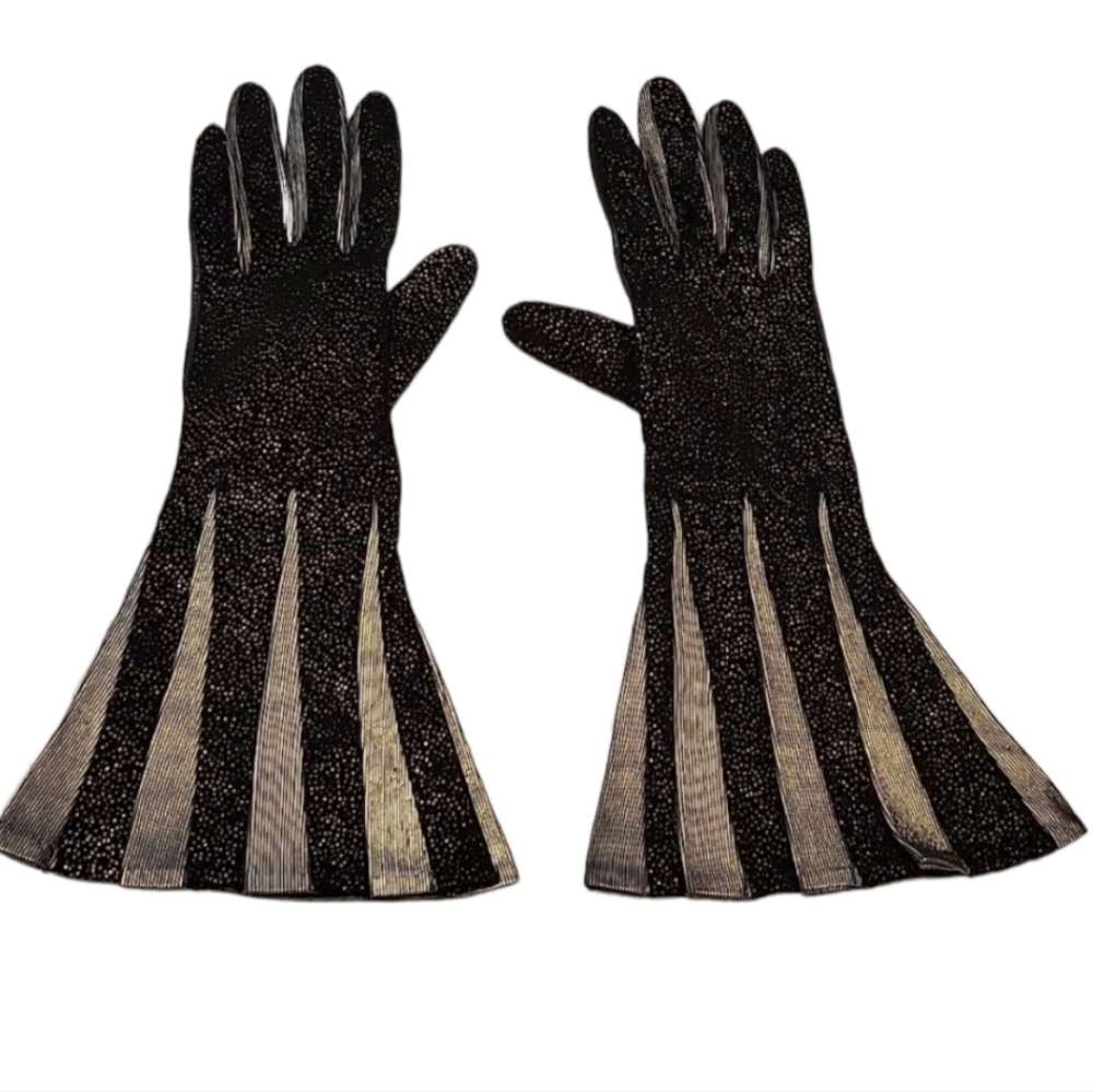 Vintage Carlos Falchi Black Silver Leather Gaunlet Flared Gloves